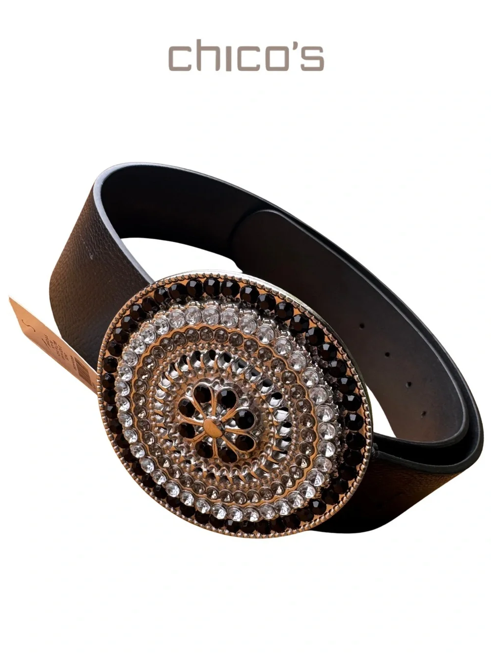 Chico’s Daze Black Leather Slouch Belt Rhinestone Statement Buckle NWT 30”-34”